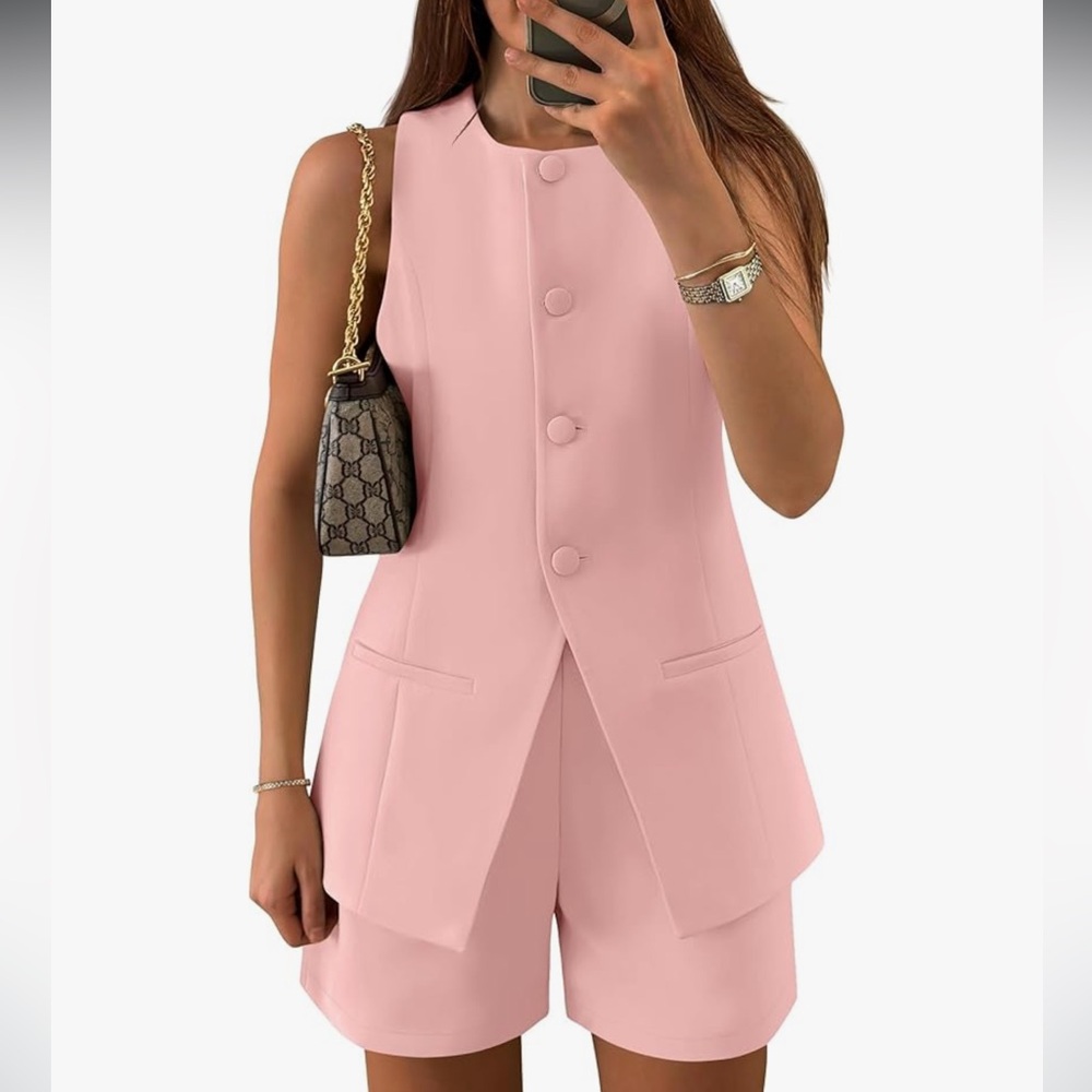 Pink Sleeveless Button-Up Vest and Shorts Set